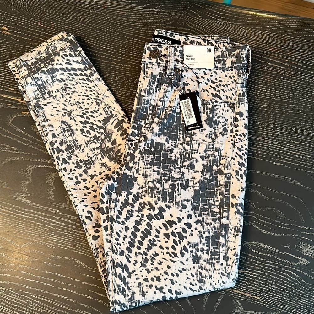 EXPRESS Stretch Skinny High Rise Snake Print Jeans, size 0 NWT - Picture 3 of 15